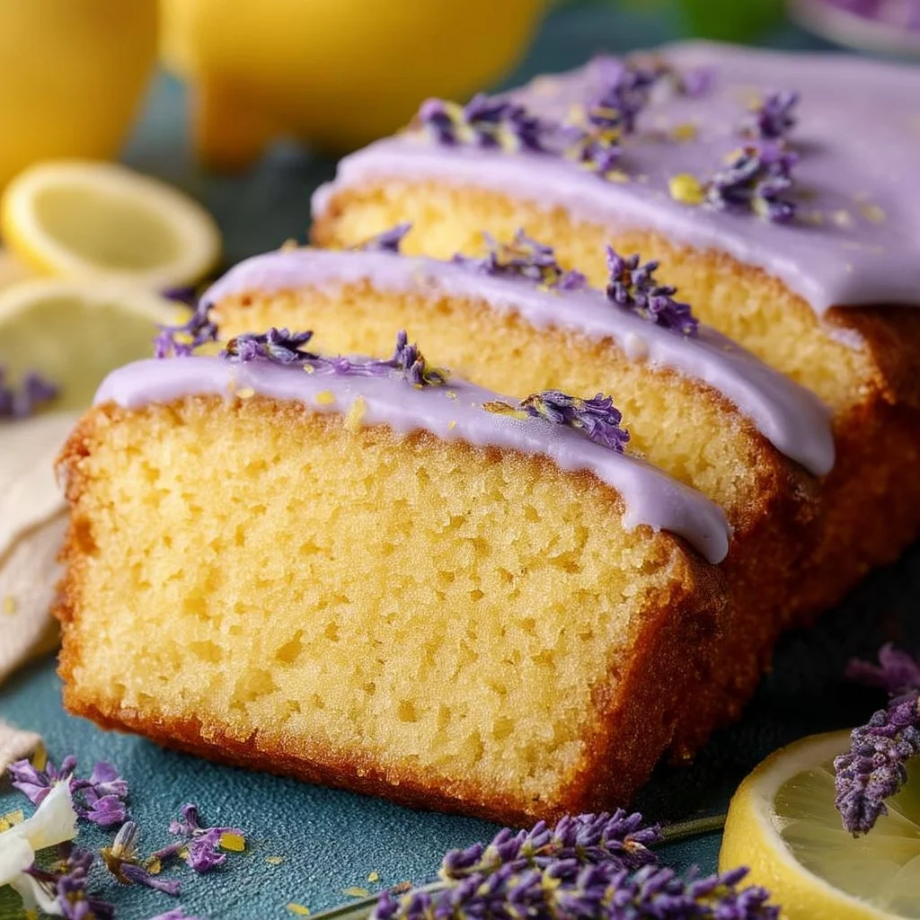 Lemon Lavender Cake topped with fresh lavender and lemon slices