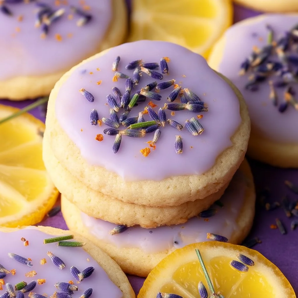 Delicious lemon lavender cookies arranged on a plate, garnished with fresh lavender.