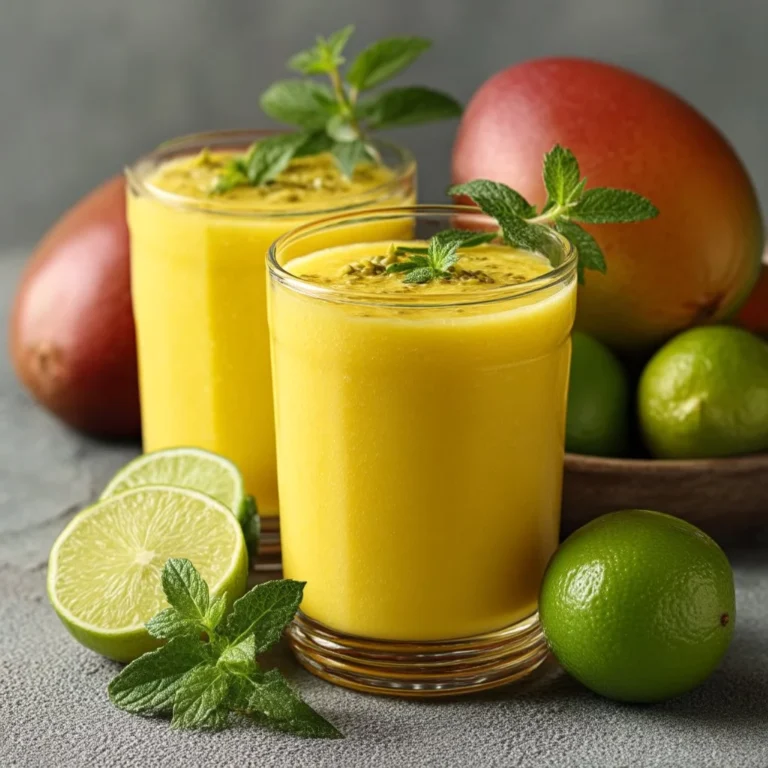 Lime Mango Smoothie in a glass with fresh ingredients around it