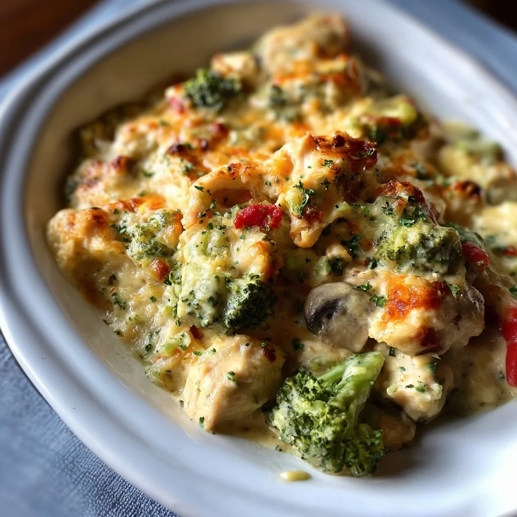 Delicious low-carb chicken casserole topped with cheese and vegetables