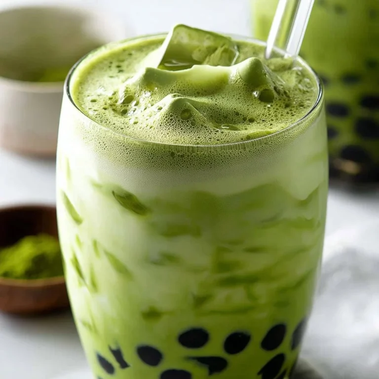 Delicious hot and iced matcha milk tea in a glass with vibrant green color