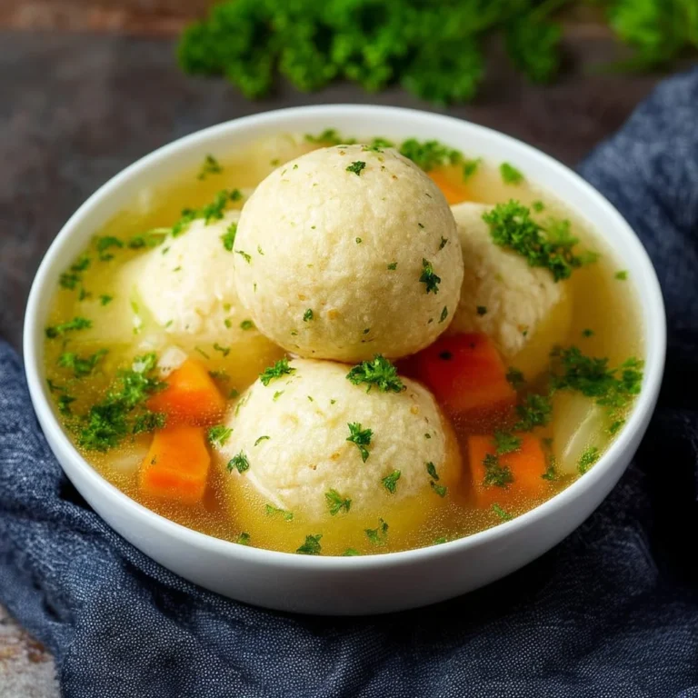 Bowl of Matzo Ball Soup with fresh herbs and vegetables
