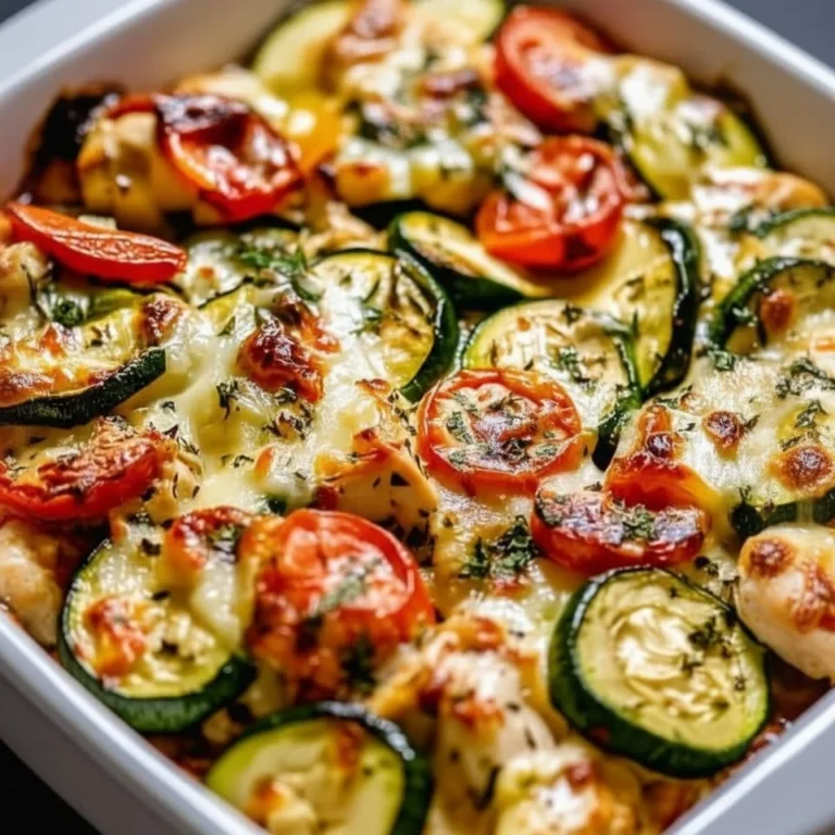 Mediterranean Chicken Zucchini Bake on a plate garnished with herbs