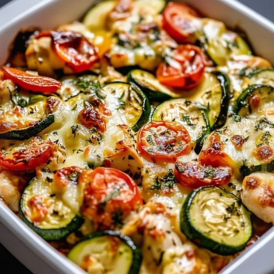 Mediterranean Chicken Zucchini Bake on a plate garnished with herbs
