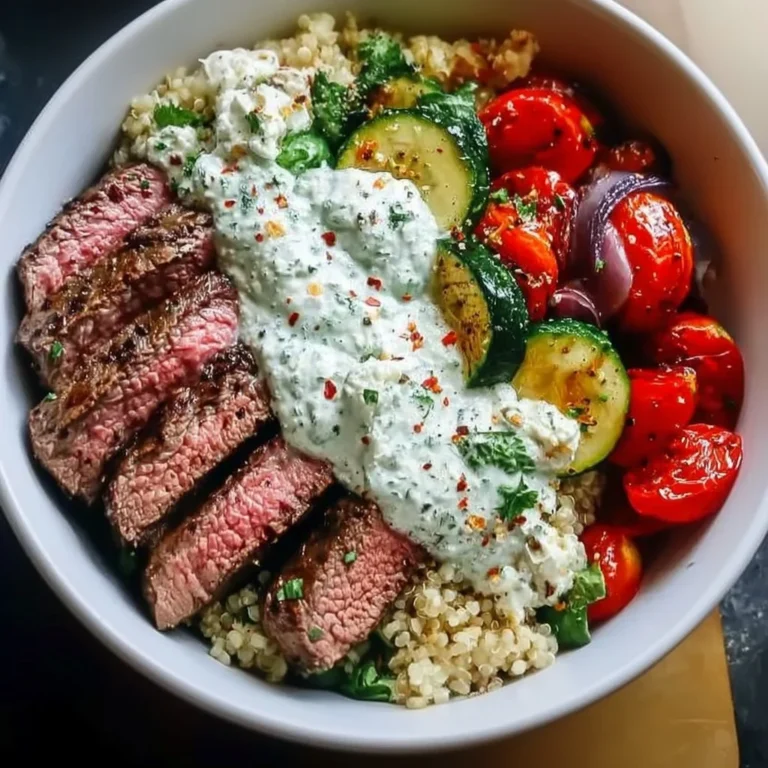 Mediterranean steak bowl with fresh vegetables, herbs, and grains for a flavorful meal.