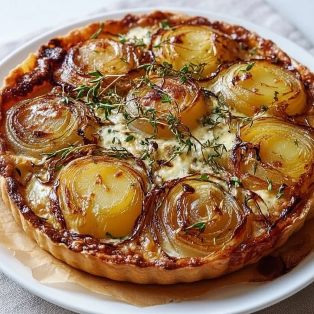 New Potato, Shallot & Manouri Tart showcasing fresh ingredients and delicious layers.