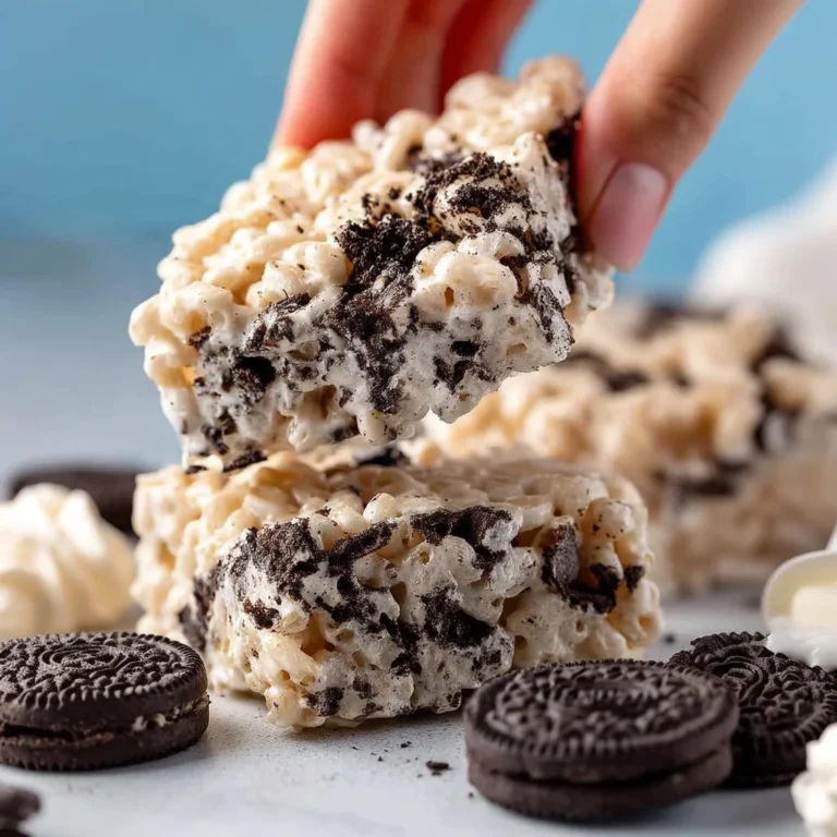 Delicious Oreo Rice Krispie Treats topped with crushed Oreos and drizzled with chocolate.