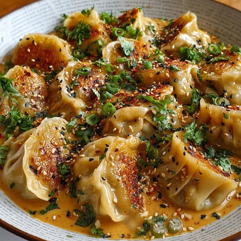 Oven-baked dumplings served with a rich peanut sauce