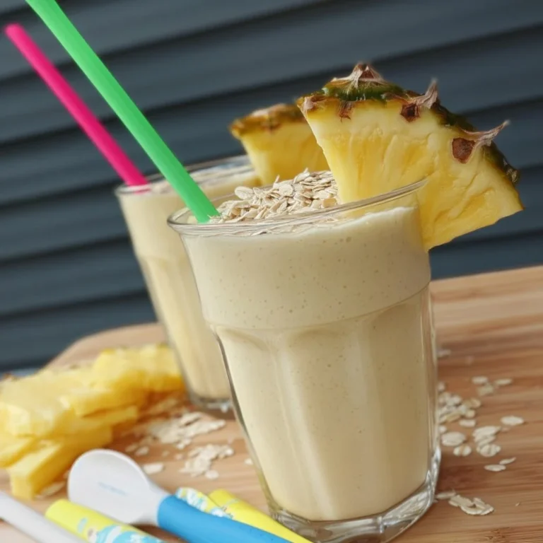 Pina Colada Breakfast Shake in a glass with tropical fruits on the side