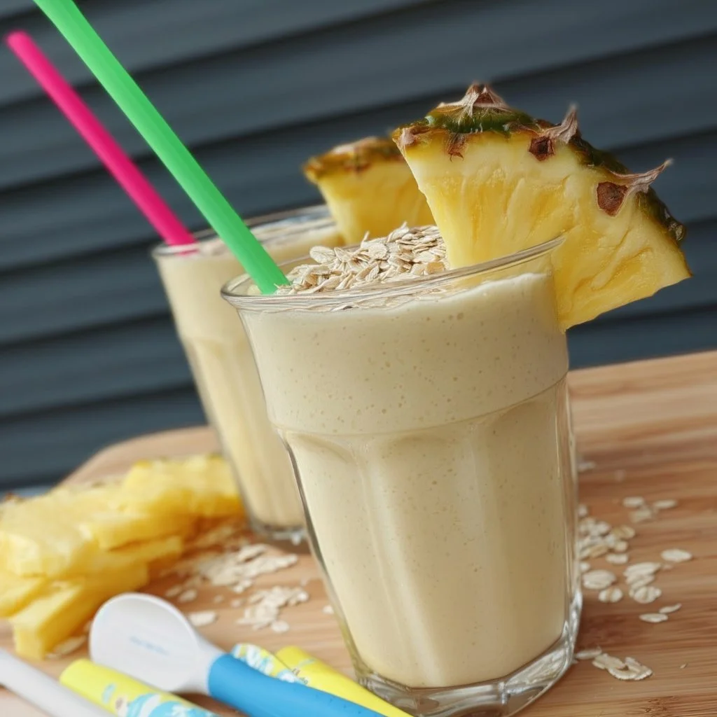 Pina Colada Breakfast Shake in a glass with tropical fruits on the side