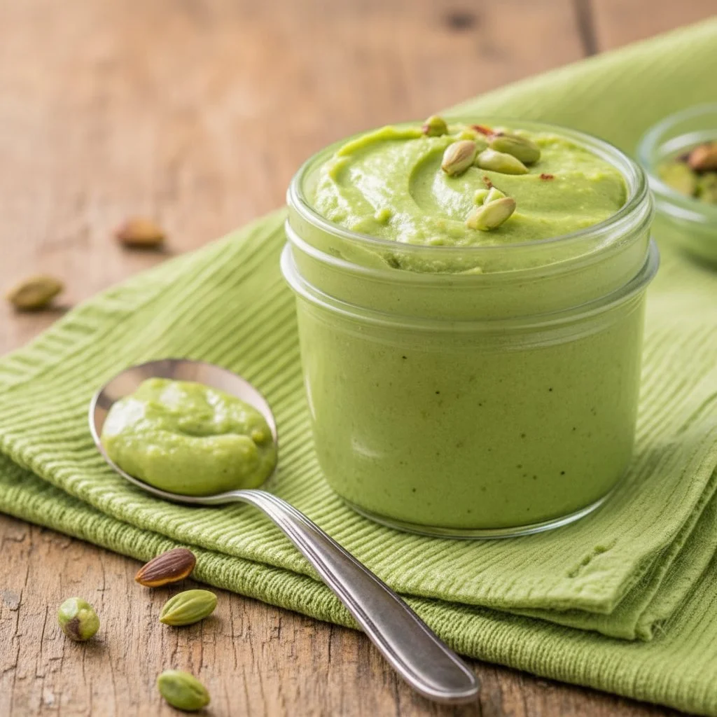 Delicious pistachio cream spread on toast with nuts in the background
