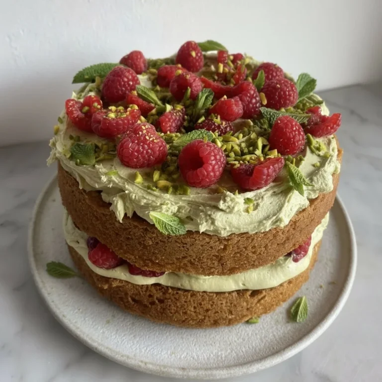 A beautifully decorated Pistachio Raspberry Cake with fresh raspberries on top