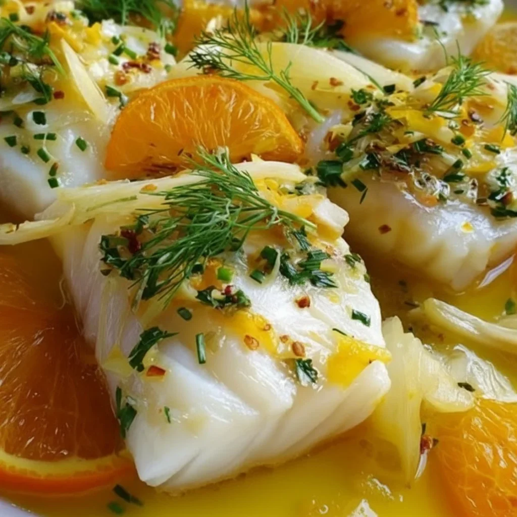 Poached cod with fennel and orange served on a plate, garnished with herbs.