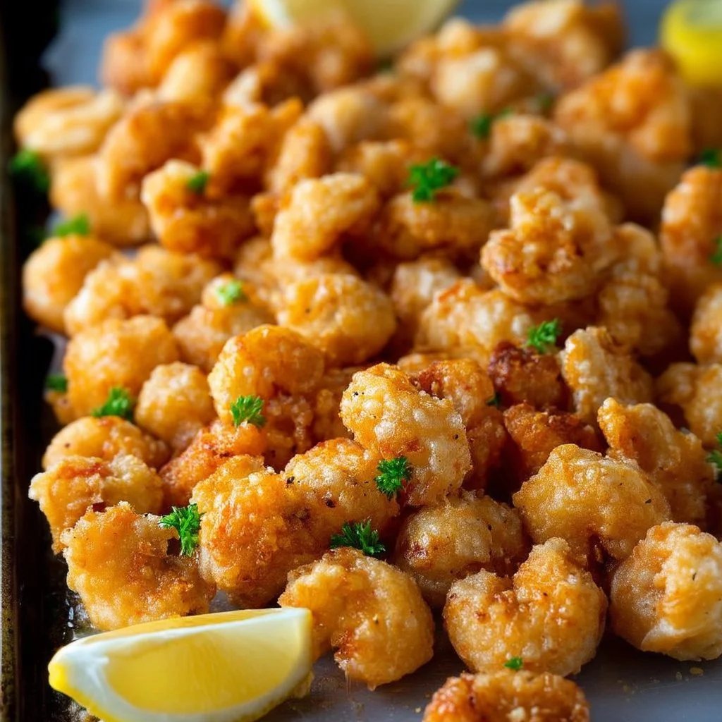 Delicious popcorn shrimp served with dipping sauce and garnished with greens