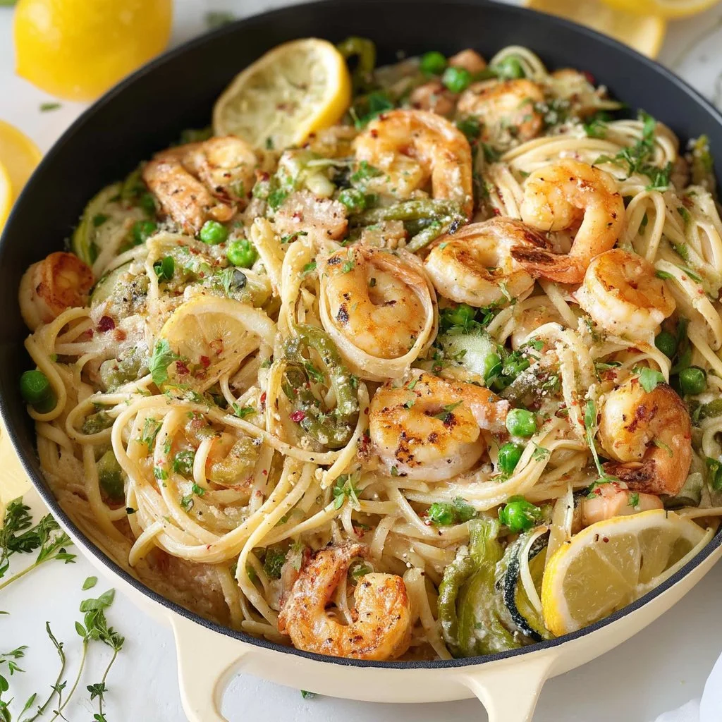 Delicious prawn pasta dish prepared in 10 minutes for a quick meal.