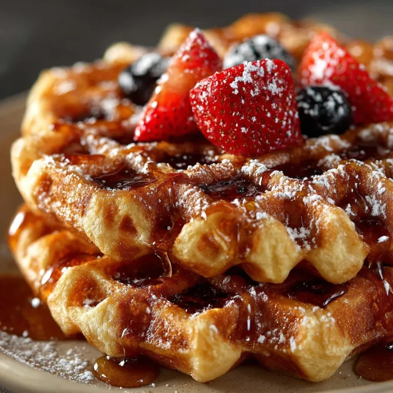 Delicious and fluffy protein waffles topped with fresh berries and syrup