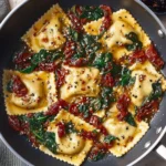 Delicious ravioli with sun-dried tomatoes, artichokes, and spinach served in a bowl