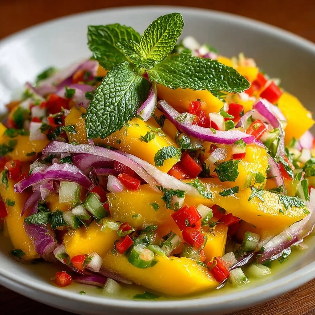 Vibrant mango salad with colorful ingredients and a refreshing dressing
