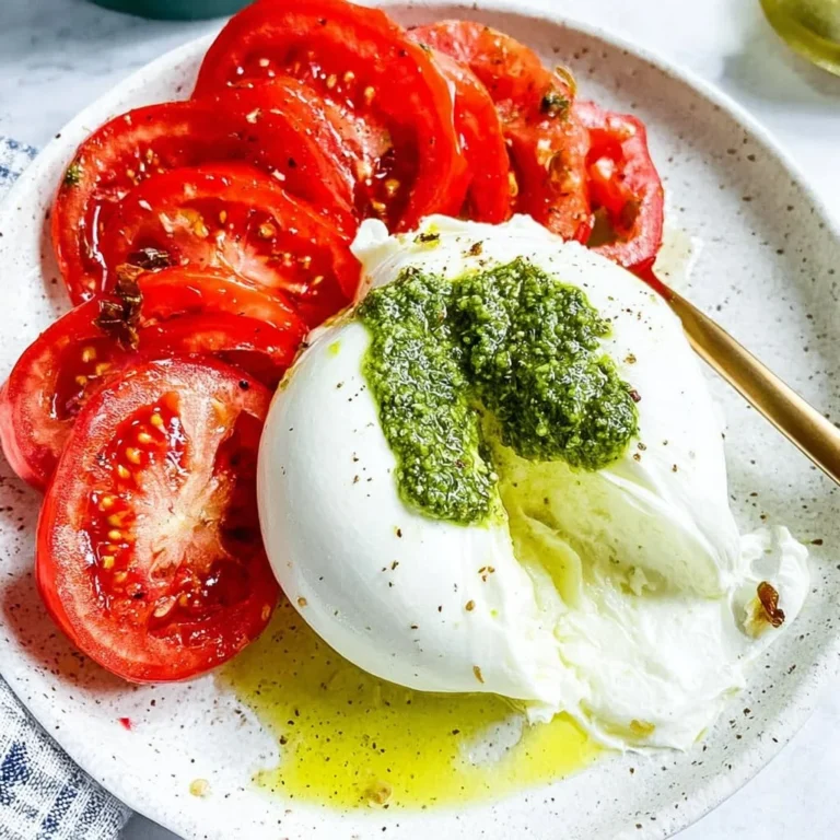 Delicious pesto stuffed burrata drizzled with olive oil and fresh basil leaves