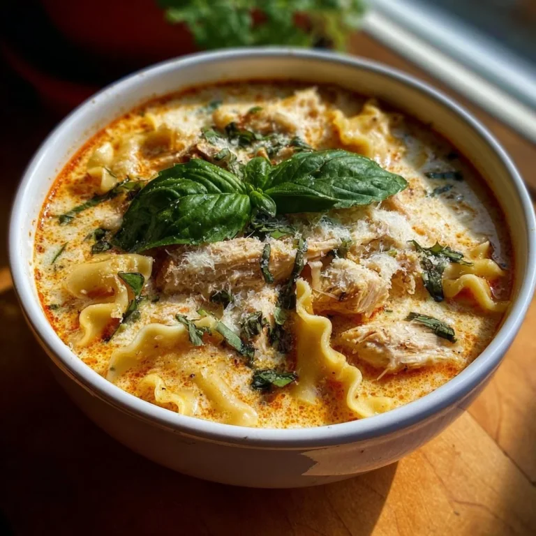A bowl of Roasted Garlic White Chicken Lasagna Soup garnished with herbs.