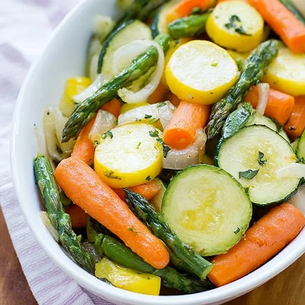A vibrant dish of roasted spring vegetables showcasing seasonal produce flavors.