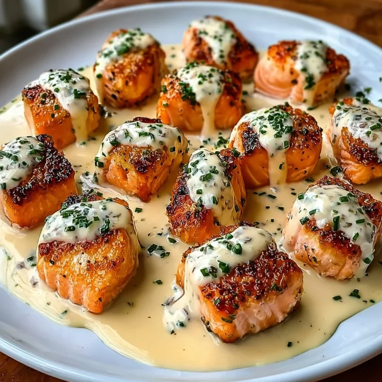 Salmon bites served with rich garlic cream sauce in a delicious presentation.