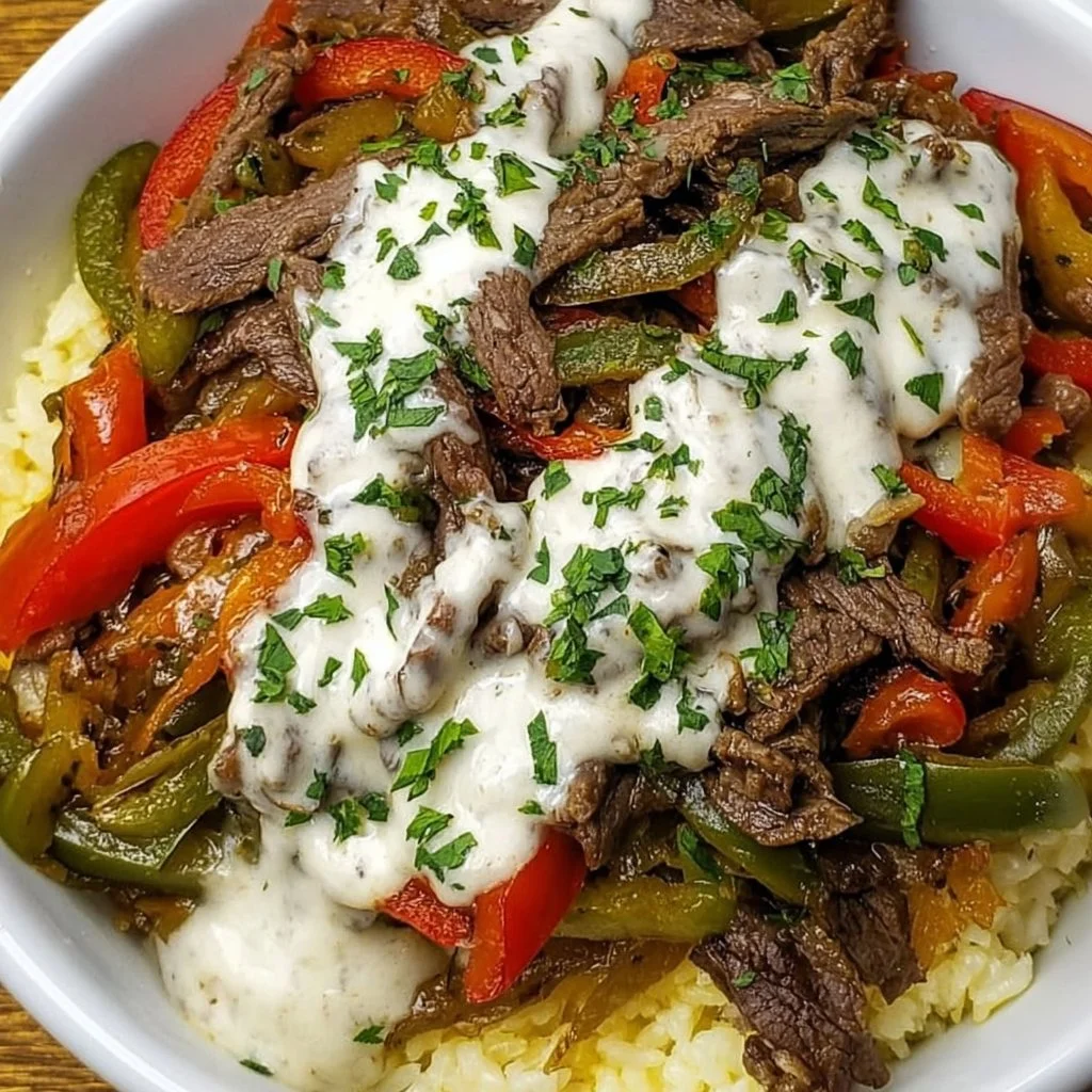 Delicious Philly Cheesesteak Bowl filled with tender beef, melted cheese, and fresh toppings.