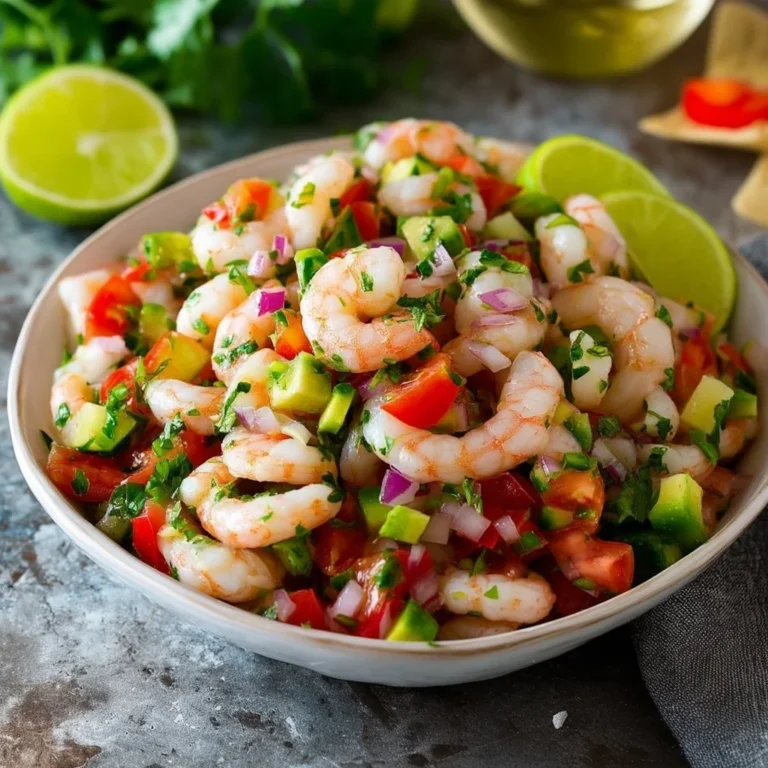 A colorful bowl of fresh shrimp ceviche garnished with herbs and lime.