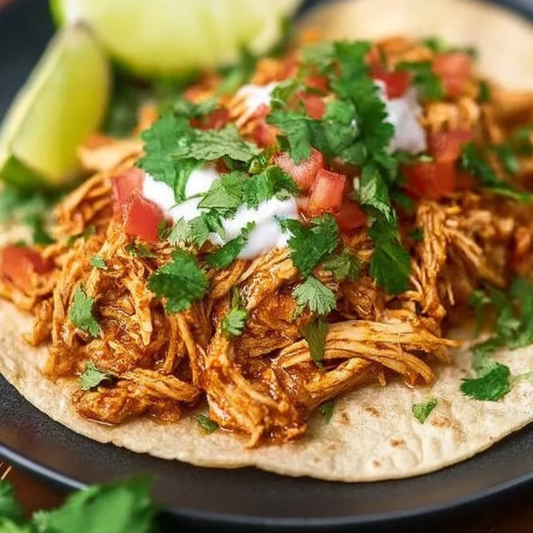 Plate of flavorful Mexican Pulled Chicken served with tortillas and salsa