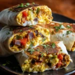 Sheet pan breakfast burritos filled with roasted veggies and cheesy eggs.