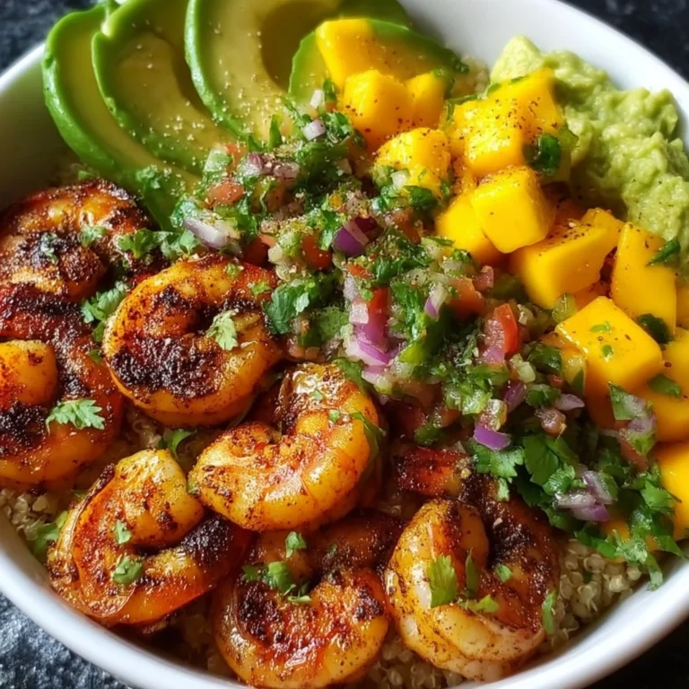 Shrimp avocado bowl topped with mango salsa and lime-chili sauce