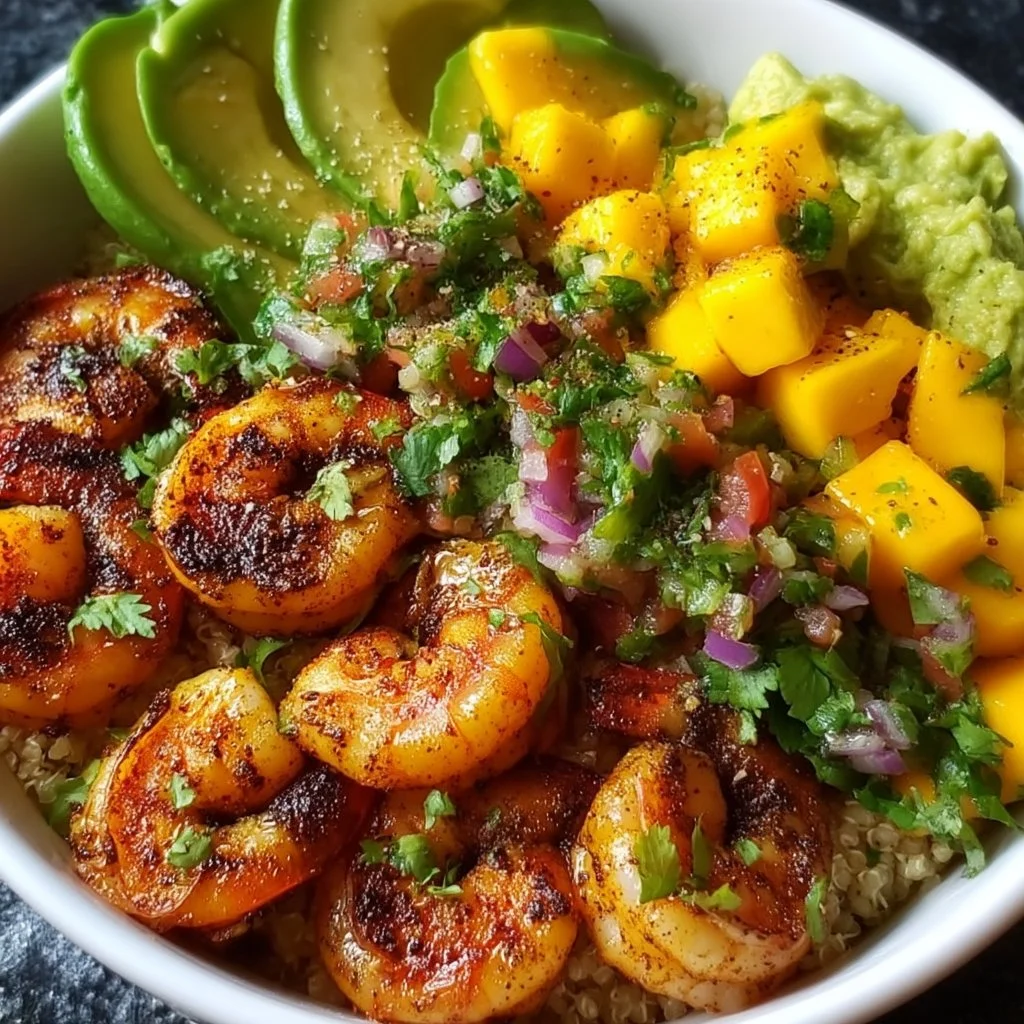 Shrimp avocado bowl topped with mango salsa and lime-chili sauce