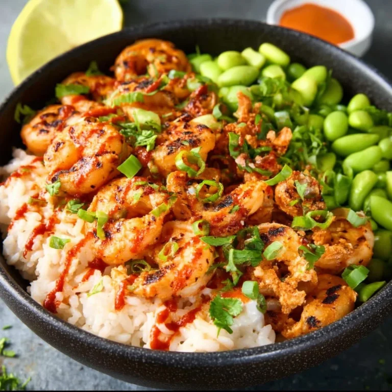Delicious Shrimp and Rice Bowl with Sriracha sauce on top.