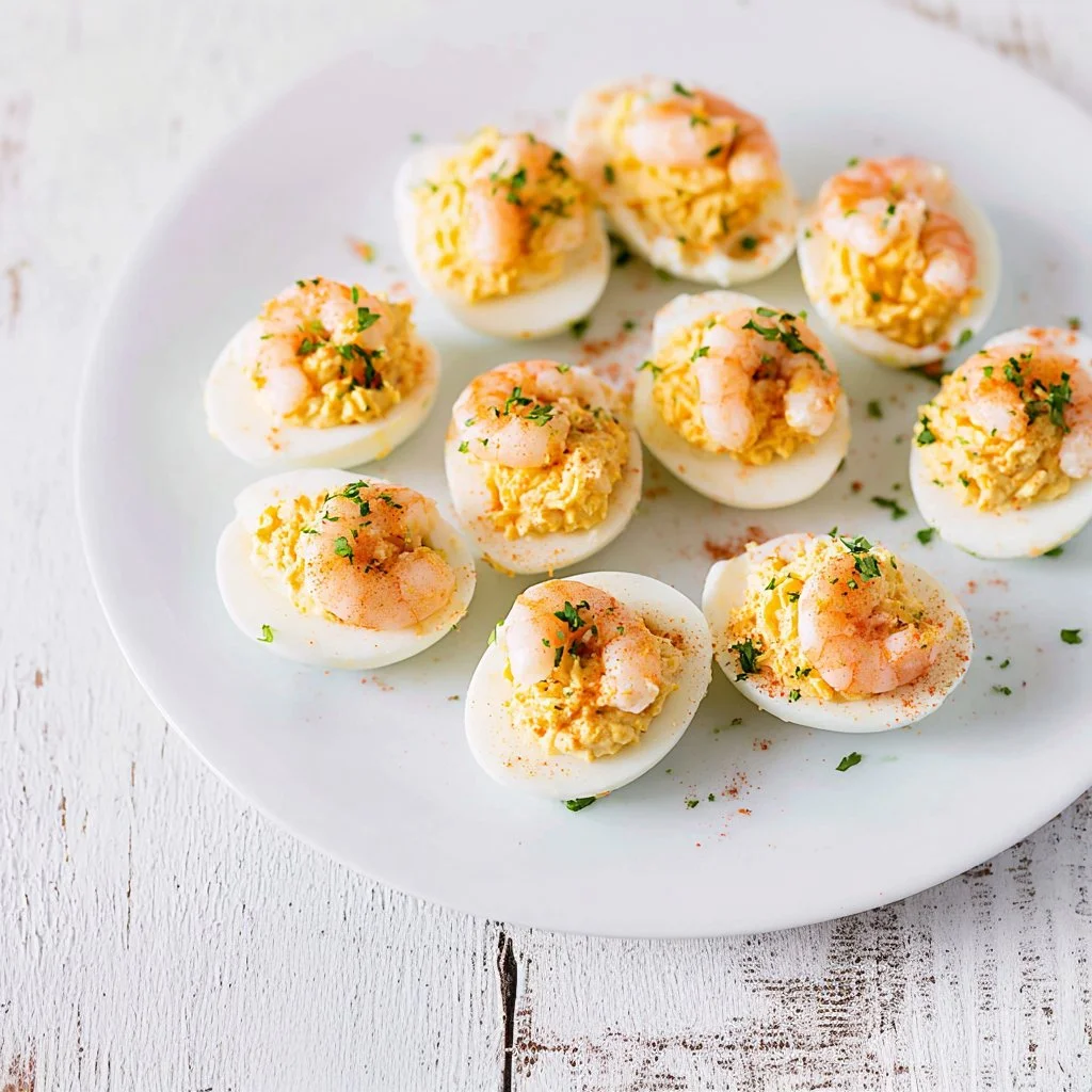 Shrimp deviled eggs, a gourmet twist on traditional deviled eggs, topped with shrimp.