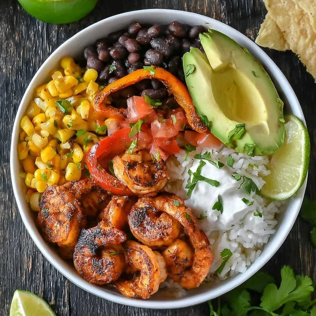 Delicious shrimp fajita bowl with colorful vegetables and spices