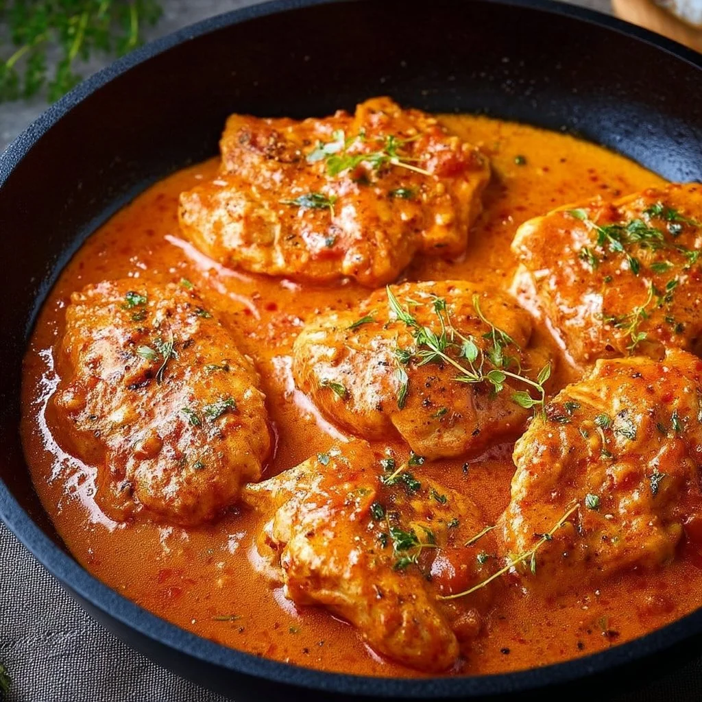 Skillet Creamy Paprika Chicken served with herbs and vegetables