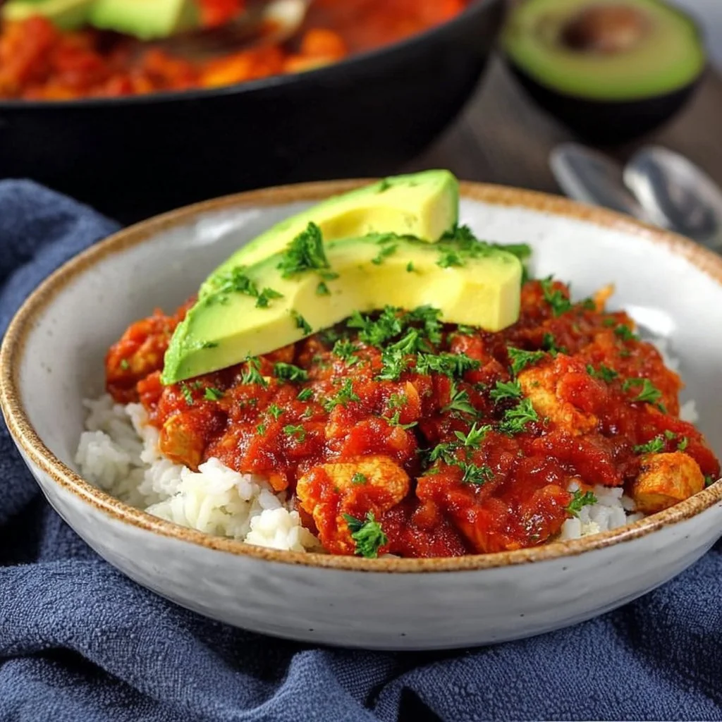Skillet Salsa Chicken dish served in a skillet with fresh toppings
