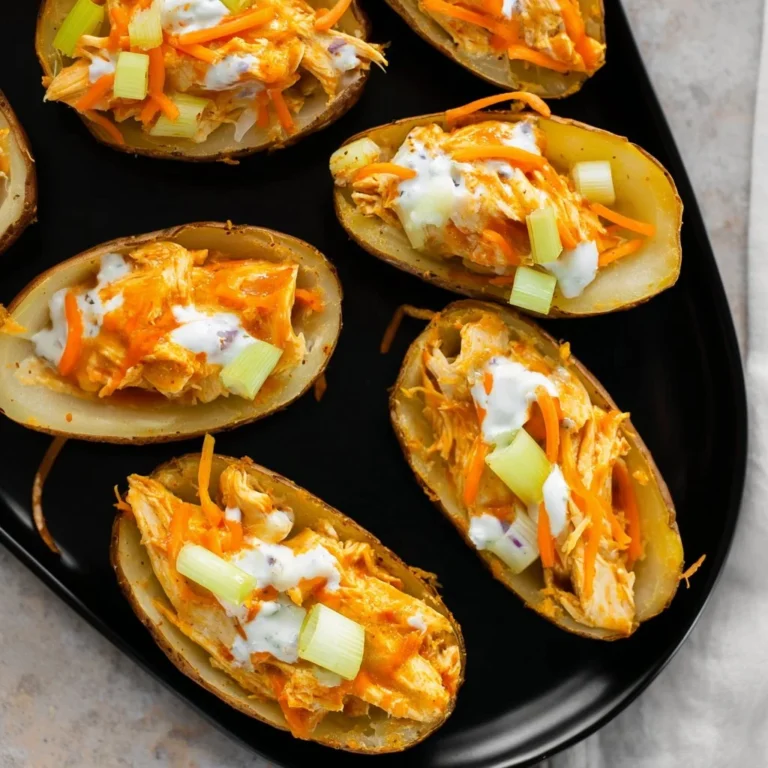 Skinny Buffalo Chicken Potato Skins topped with cheese and green onions