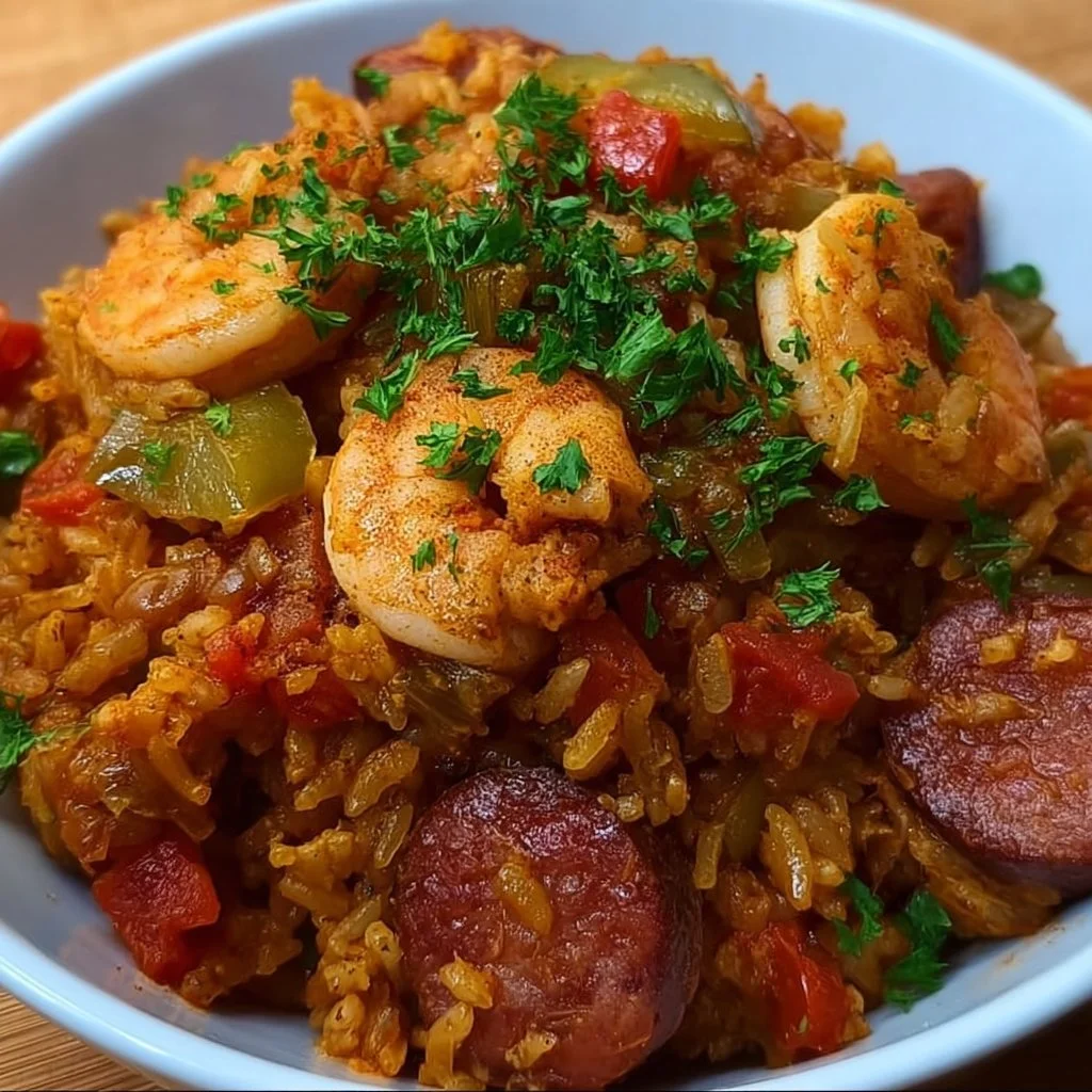 Slow Cooker Cajun Jambalaya served in a bowl with fresh ingredients