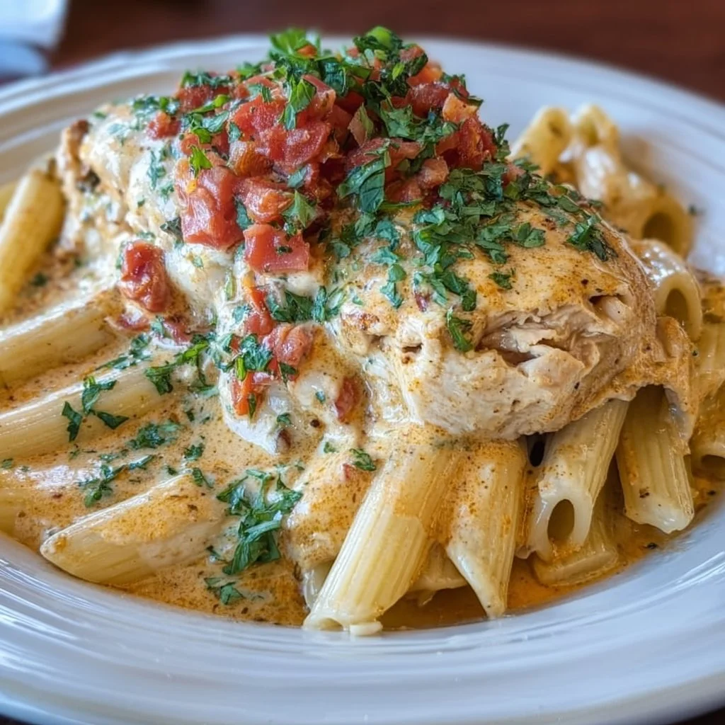 Delicious slow cooker cheesy chicken penne pasta dish with melted cheese.