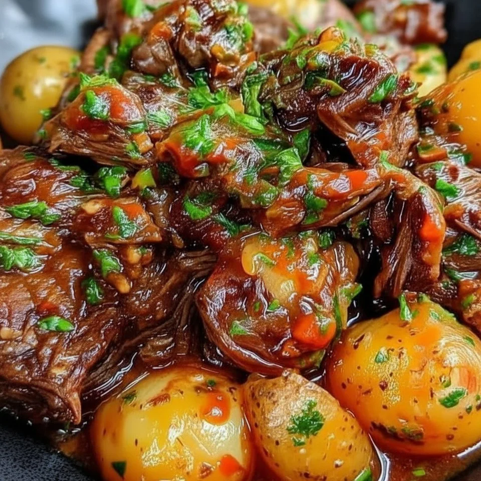 Slow cooker garlic butter beef served with potatoes