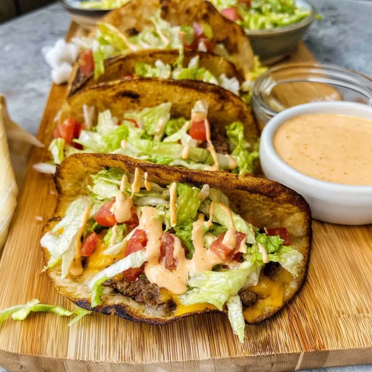 Smashed burger tacos served on a plate with toppings and garnishes