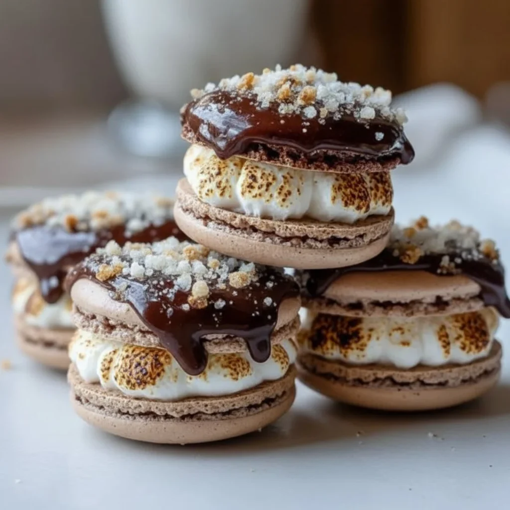 Delicious S'mores French Macarons with chocolate and marshmallow filling