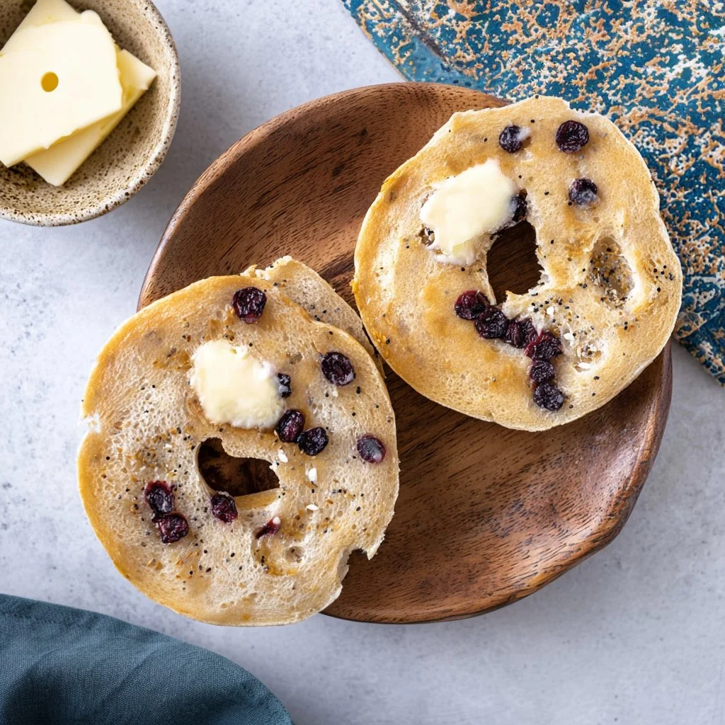 Freshly baked Greek yogurt bagels on a wooden board, perfect for breakfast.