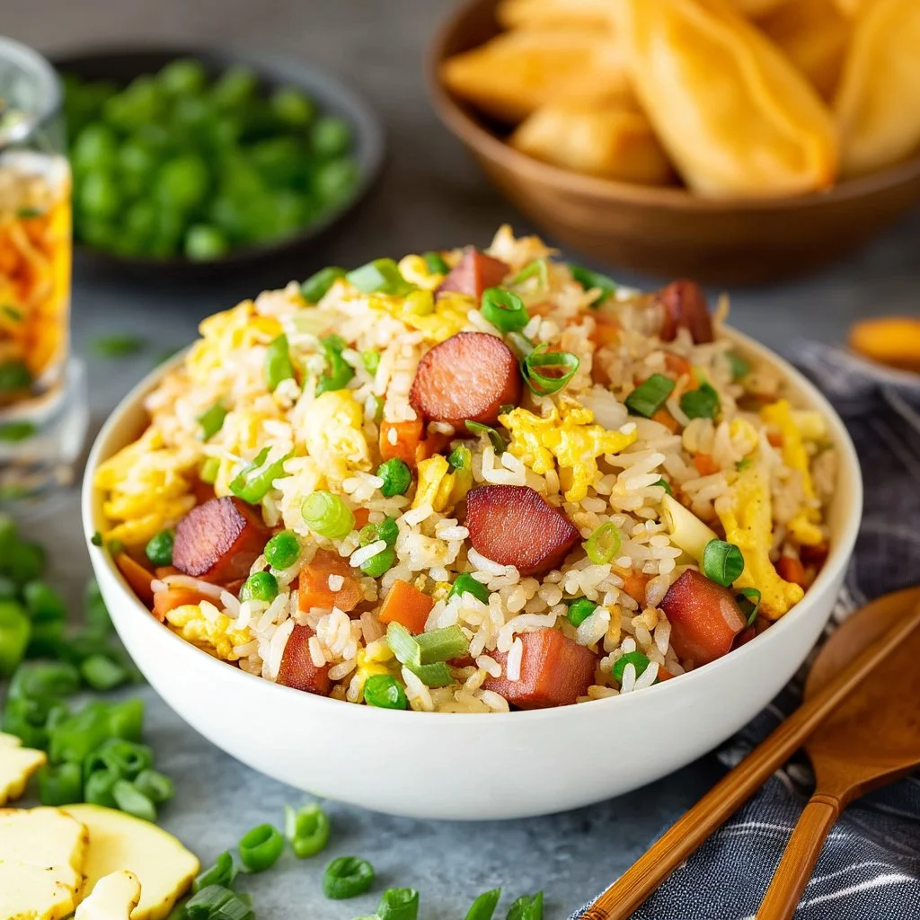 Plate of spam fried rice garnished with green onions and vegetables