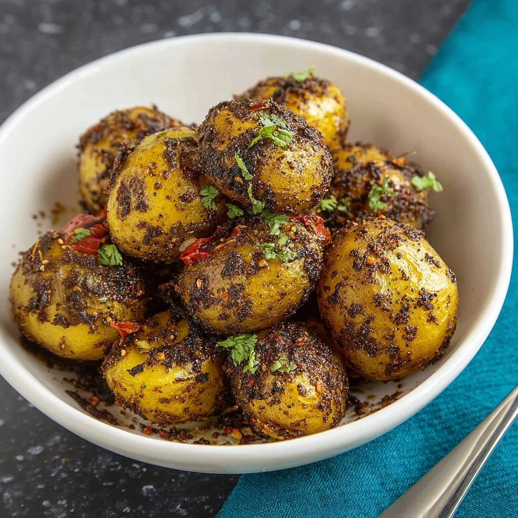 Delicious spiced baby potatoes served as a family-friendly side dish
