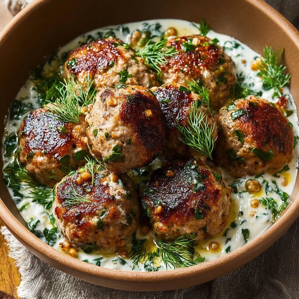 Spiced turkey meatballs served with lemony yogurt sauce on a plate
