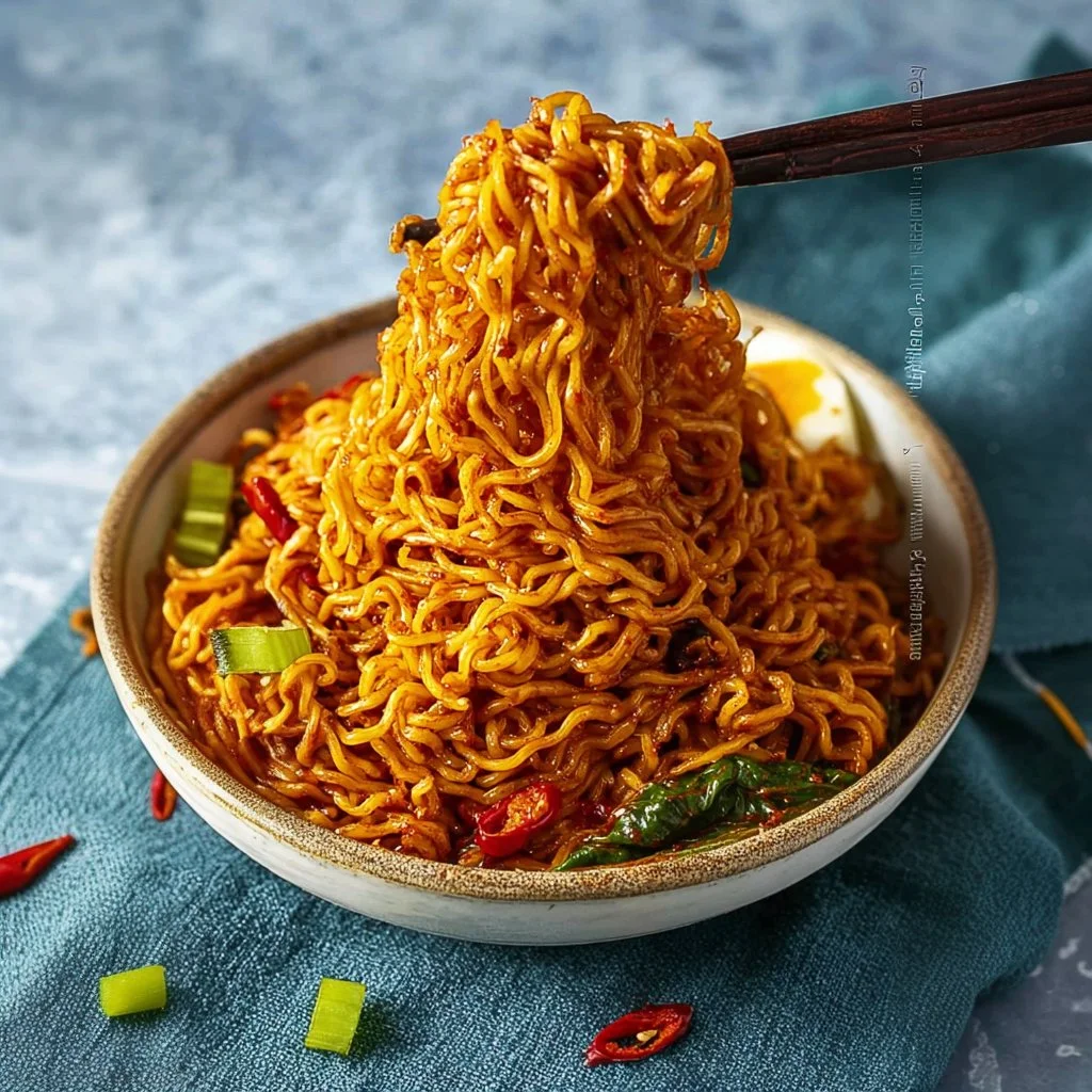 Bowl of spicy Gochujang noodles garnished with green onions and sesame seeds.