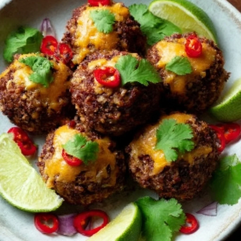 Spicy Mexican Donkey Balls served on a plate with garnish