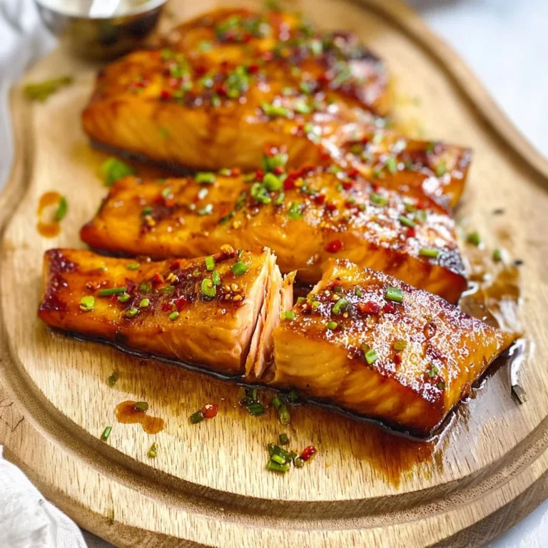 Plate of spicy soy-marinated salmon garnished with herbs